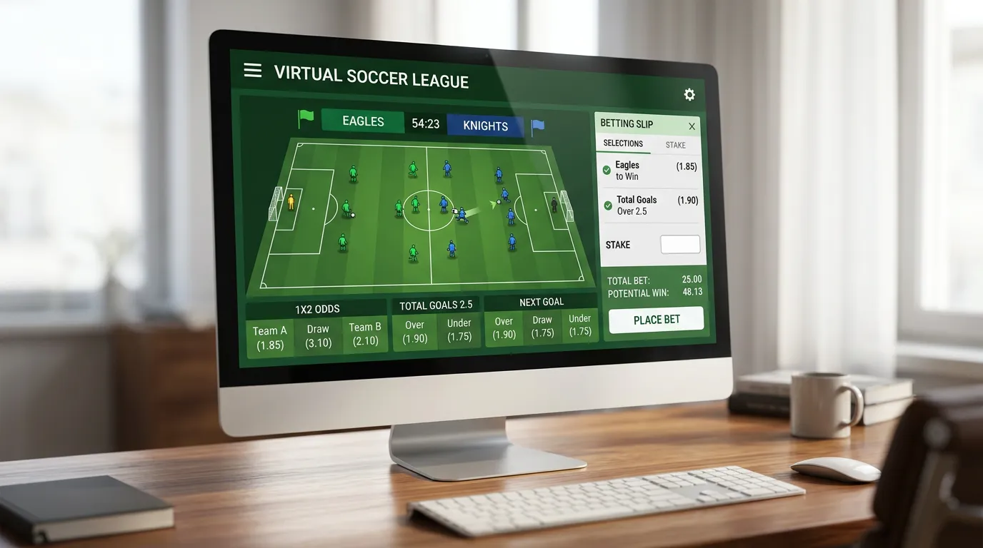 Pantalla de ordenador mostrando una interfaz de apuestas en deportes virtuales con cuotas y estadísticas de un partido de fútbol simulado