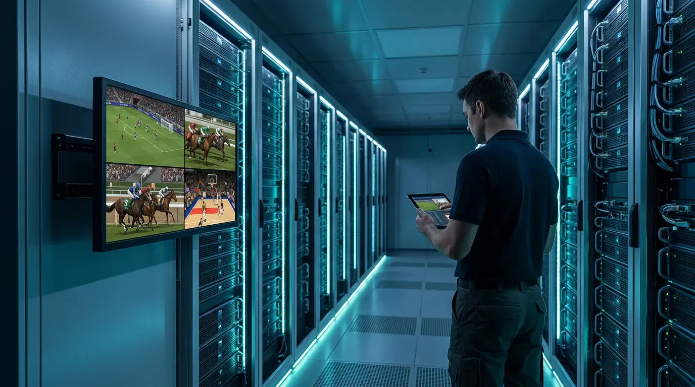 Sala de servidores con monitores mostrando gráficos 3D de eventos deportivos virtuales siendo procesados por software especializado