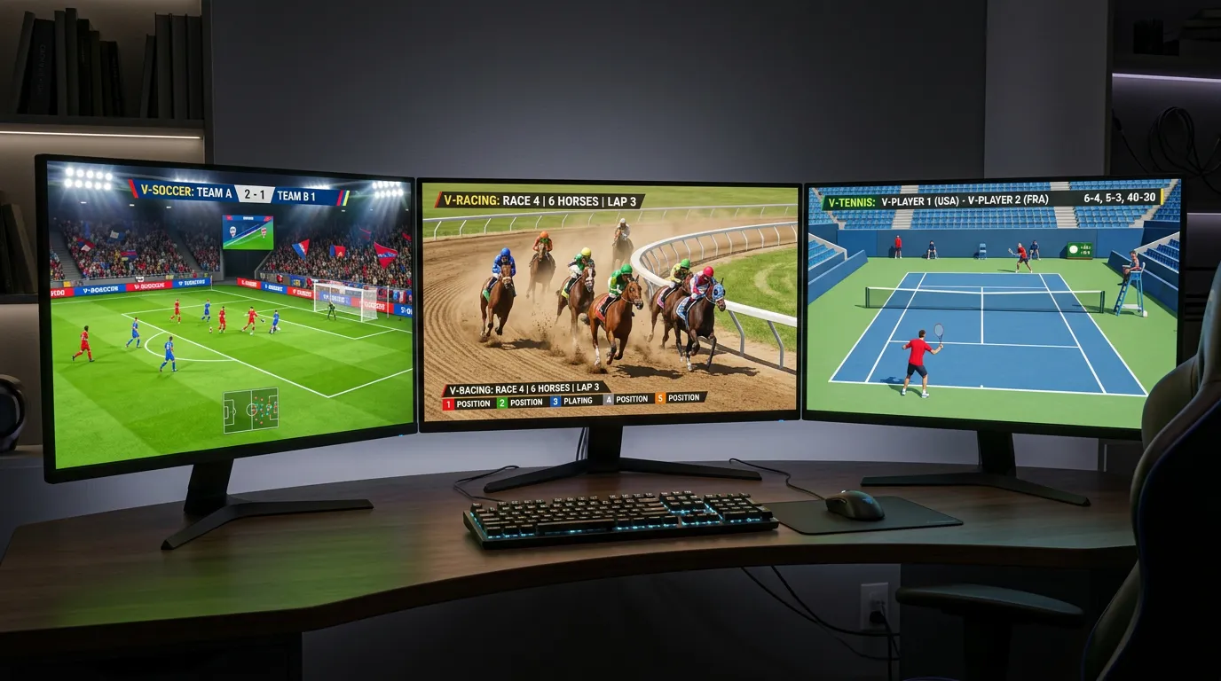 Pantallas múltiples con simulaciones de fútbol virtual, carreras de caballos virtuales y tenis virtual en una sala de apuestas
